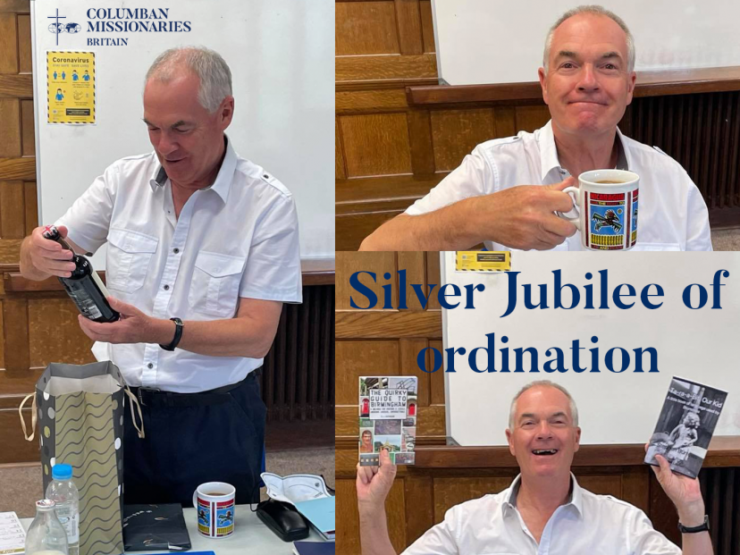 Collage of images showing John Boles face and gifts received for his Silver Jubilee of ordination