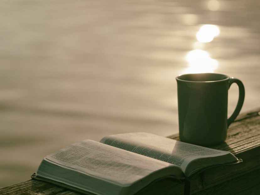 book and mug next to water