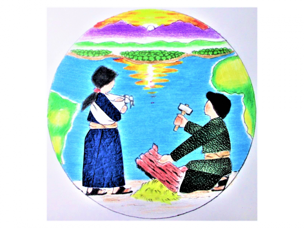 This drawing shows Mary holding Jesus securely in a Subanen-style sling while Joseph repairs the manger.