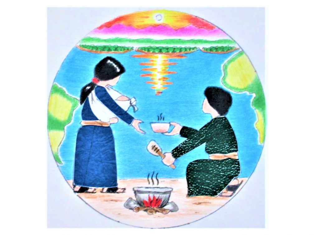 Joseph giving Mary some food.