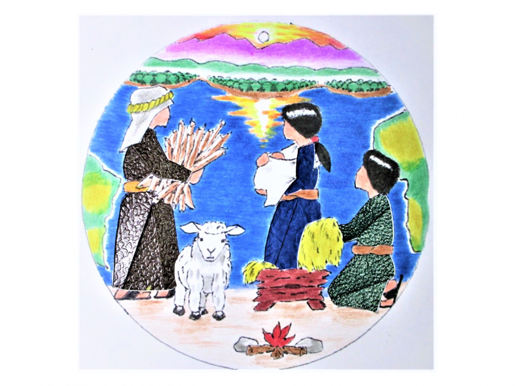 A thoughtful shepherd bringing some kindling wood to Mary and Joseph as fuel for their warming fire