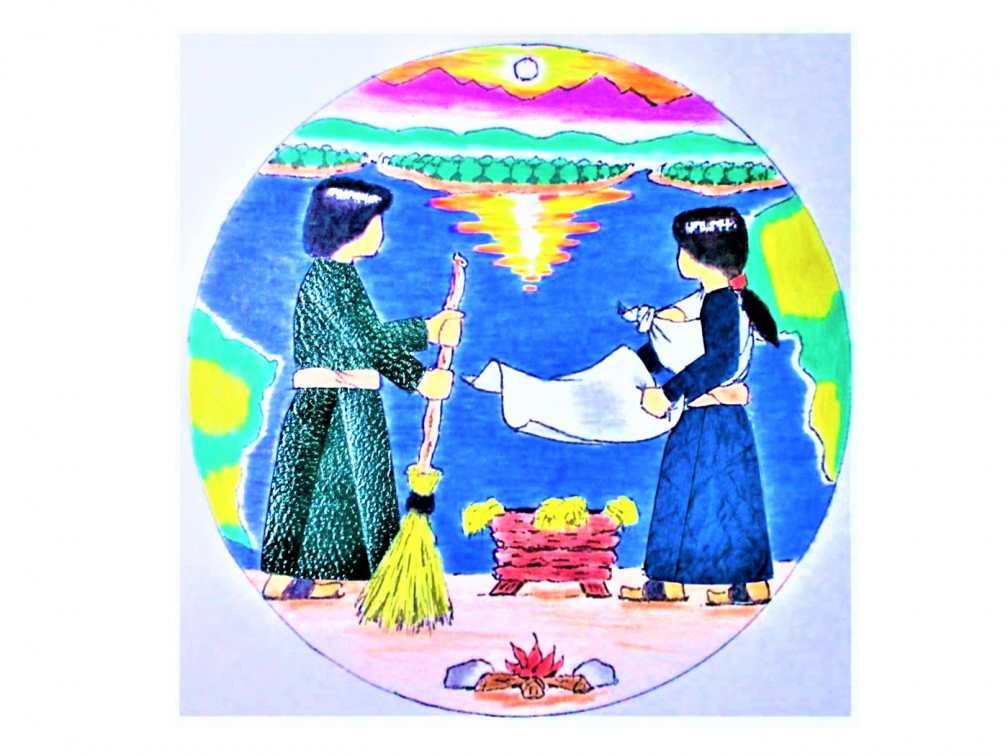 Joseph sweeps the stable while Mary spreads a blanket over the manger