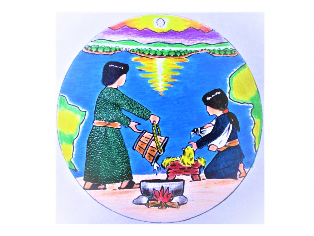 Joseph pouring water into a basin while Mary puts fresh straw in the manger.