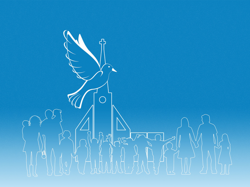 peace dove with church and people