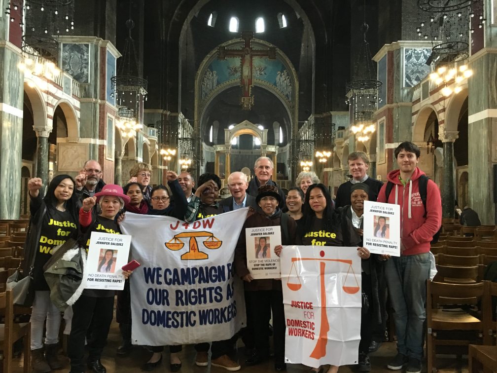 group with banners inside Westminster Cathedral