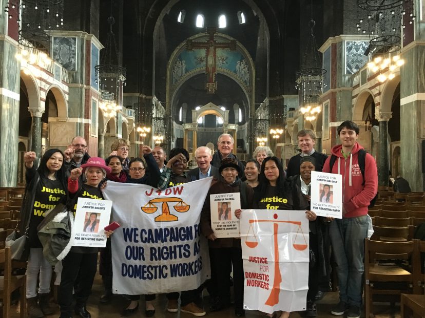 group with banners inside Westminster Cathedral