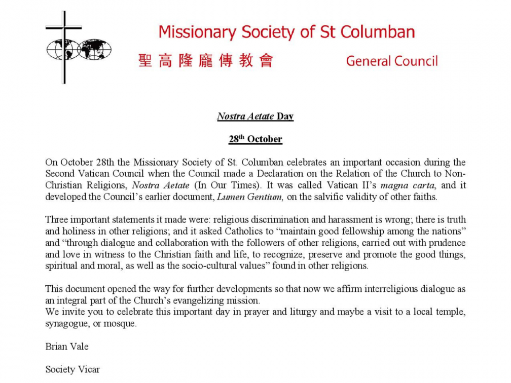 Columban letter on Nostra Aetate