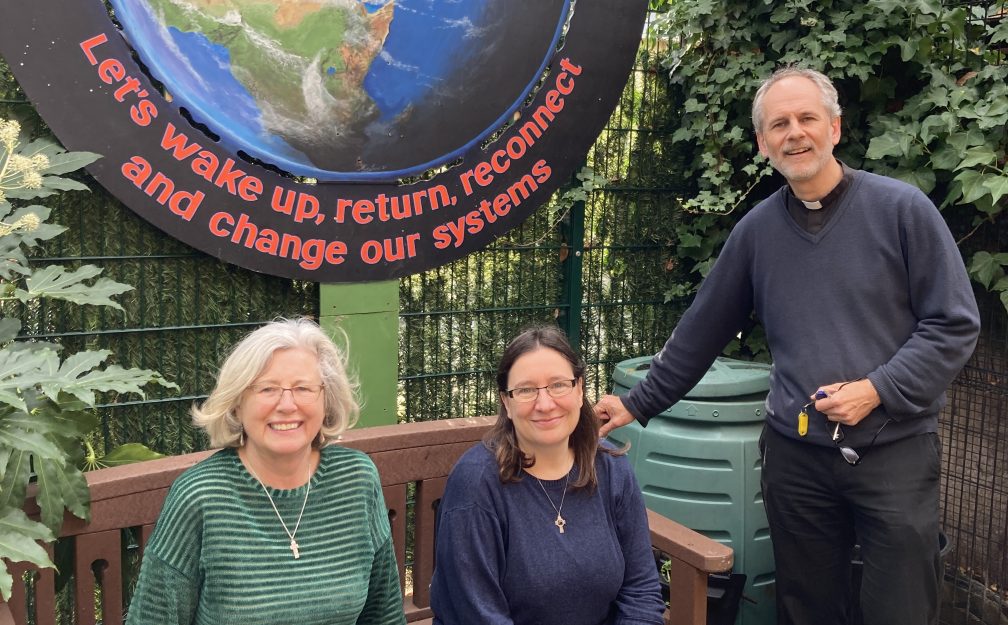 Hilda McCafferty, Colette Joyce and Fr Richard Nesbitt in the White City parish garden.