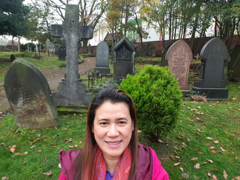 Gertrudes with some of the Saints in the grounds of St. Joseph's presbytery