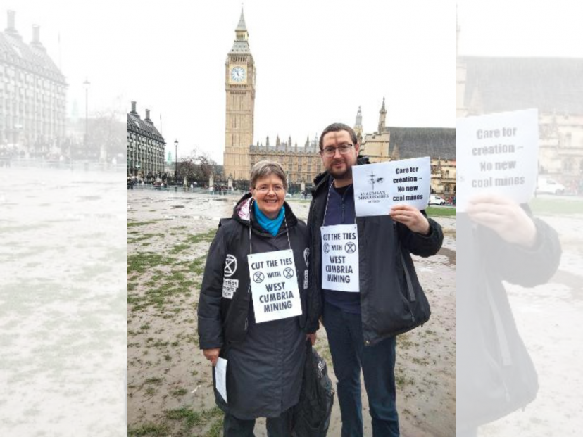 Columban Sister Kate Midgley and Columban Education Worker James Trewby protesting against new coal mine in Cumbria