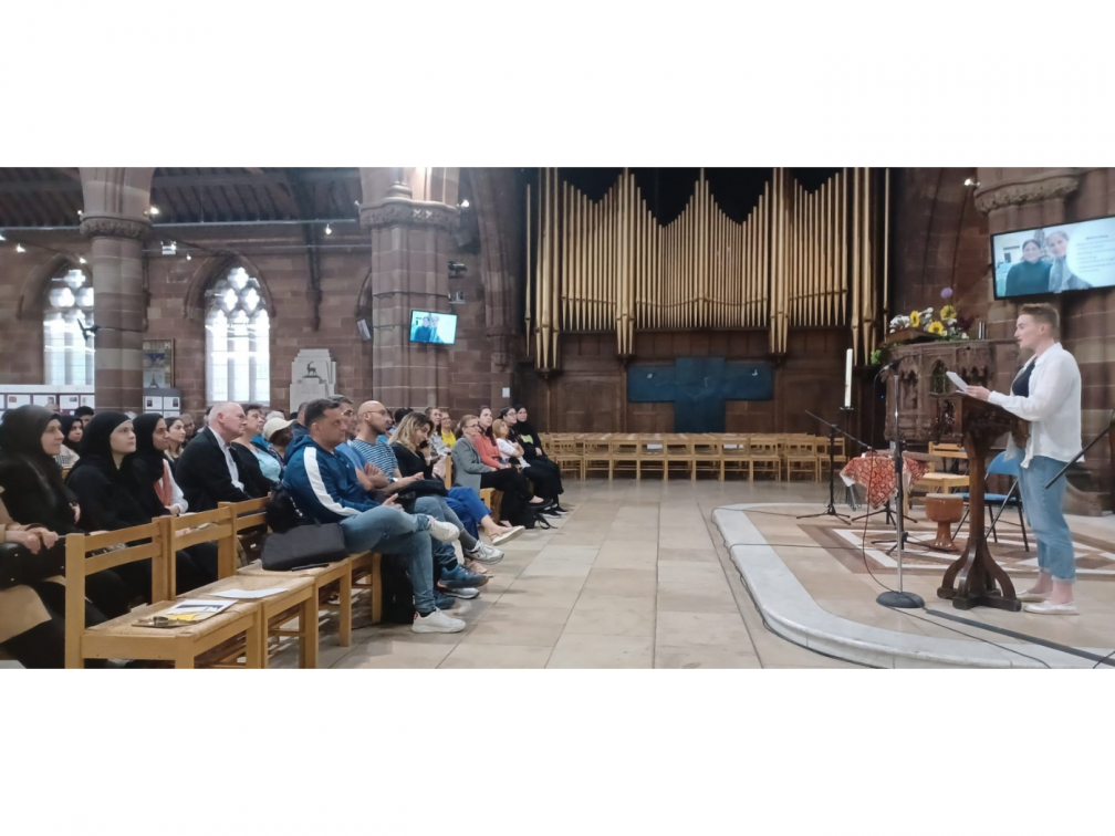 Catherine Bridgwood, RESTORE befriending Coordinator addressing the gathering