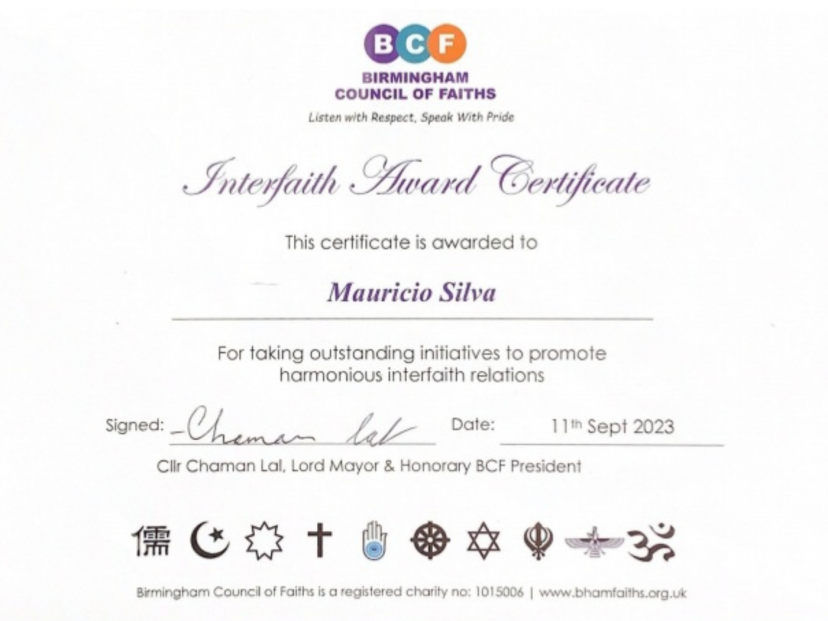 Mauricio Silva Columban awarded an interfaith award by Birmingham Council of Faiths