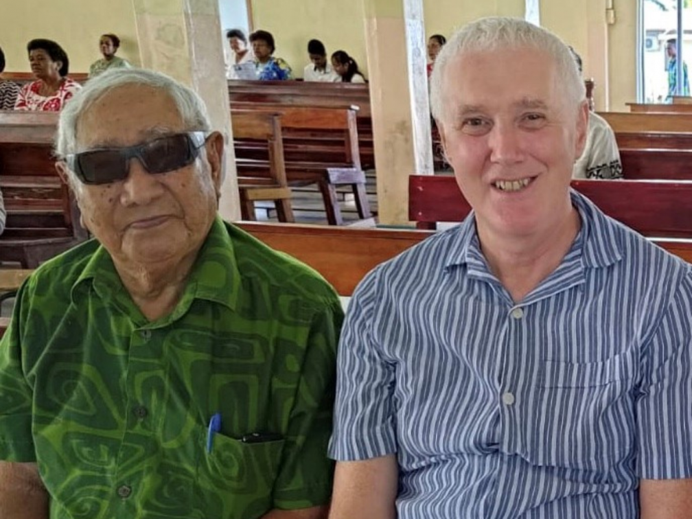 Joe Lee, a faithful Columban friend of seventy years, with Fr. Tim Mulroy inside Holy Family Parish Church, Labasa