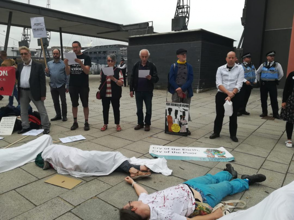 James Trewby with Christian protestors outside the ExCel Arms Fair in September 2023