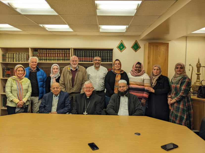 Columbans at Birmingham Central Mosque: standing from left Ger Samson, Brian Vale, Hannah Lonergan, Ray Collier, Mauricio Silva, Nathalie Marytsch, Sai Tamatawale, Nasreen Akhtar, Mahmooda Qureshi. Seating from left, Mahammed Afzal, Archbishop Bernard Longley and Iman Mohammed Assad