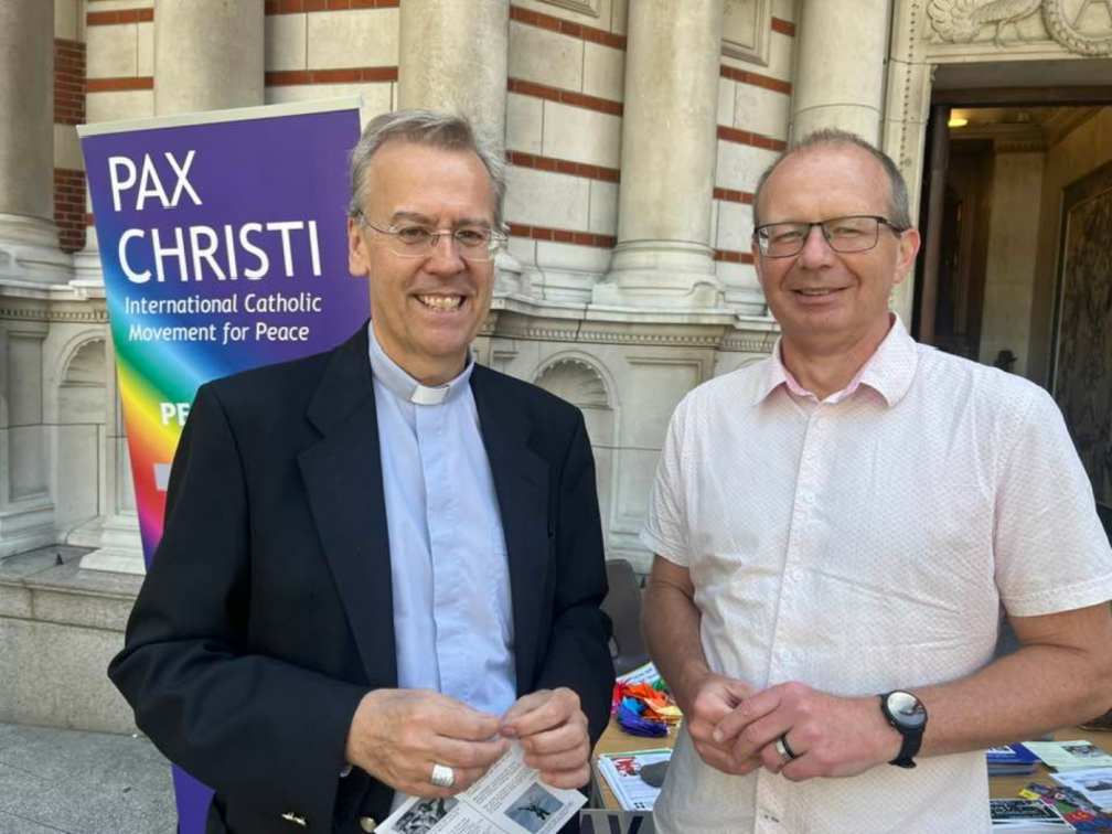Bishop Nicholas Hudson and Pax Christi CEO Andrew Jackson outside Westminster Cathedral in August 2023