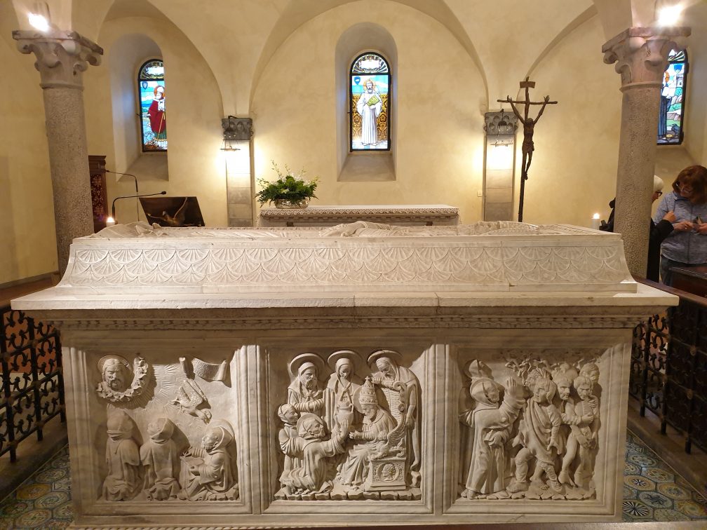 The crypt in St Columban’s church in Bobbio with the sarcophagus of St Columban who died here on 23rd November 615AD.