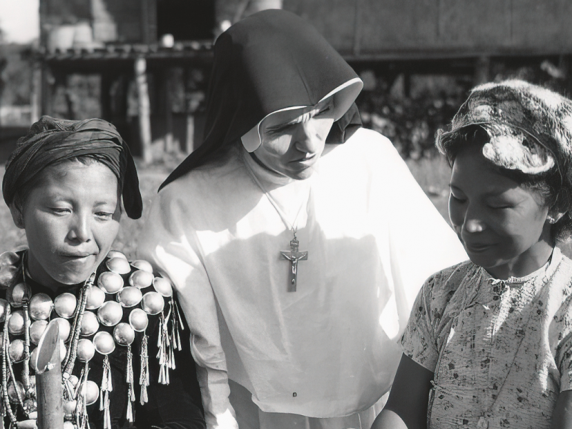 Sr. Maureen Griffin with Kachin weavers in Burma. Photo credit: Columban Sisters Archive.