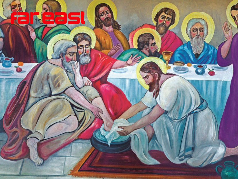 Fresco of the washing of the feet at the Last Supper from by artist K. Veniadis in the Syrian Orthodox church in Bethlehem