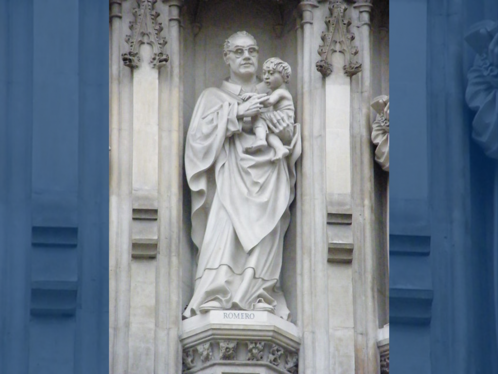 Statue of Oscar Romero on the West Front of Westminster Abbey as a twentieth century martyr. Image credit: Archbishop Romero Trust
