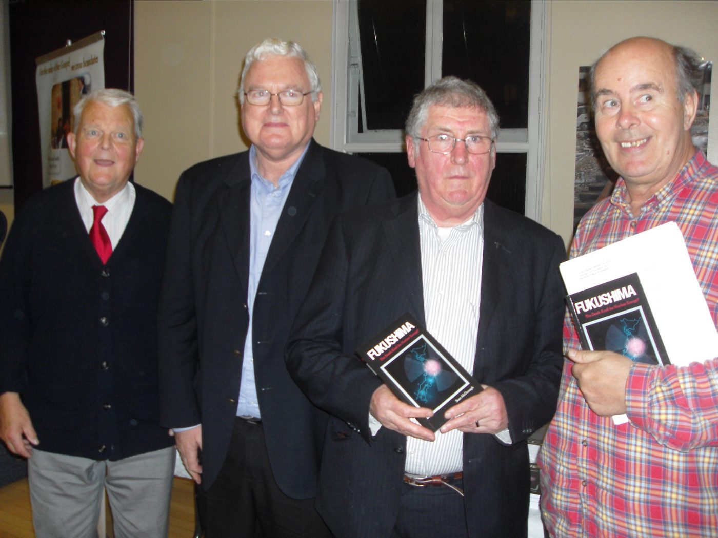 Peter Hughes at the launch of Sean McDonagh's 'Fukushima' book with Bruce Kent, Sean and John Vidal in 2012