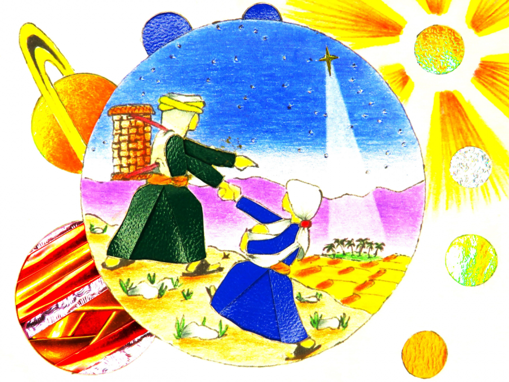 Illustration on the latest Subanen Christmas card showing Joseph pointing to distant oasis