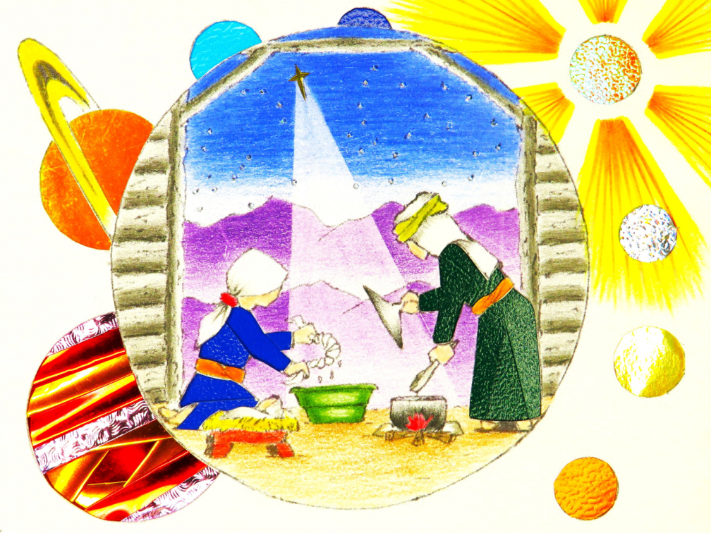 . Illustration on the latest Subanen Christmas cards showing Mary washing clothes and Joseph cooking