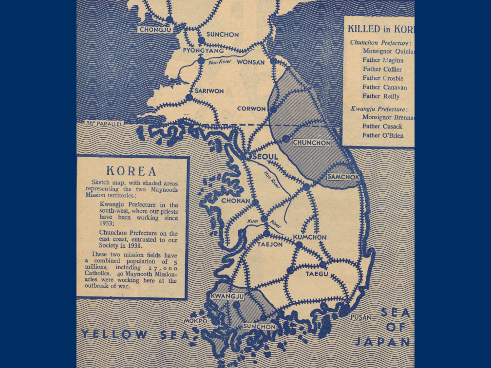 Map of Korea from the Far East magazine in the 1950s showing the two Columban areas – Kwangju Prefecture and Chunchon Prefecture – where the seven priests had served. Image: Far East magazine