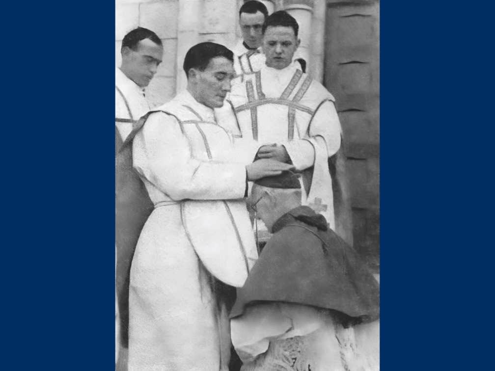 Fr Jack O’Brien on his ordination day on 21st December 1942 giving his blessing to Archbishop Dr D’Alton of Armagh, who was coadjutor Bishop of Meath at the time. Image: Far East magazine