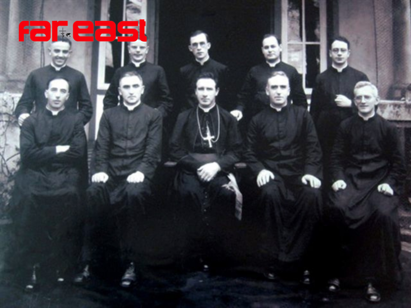 Photo of Columbans taken in front of Malate Church on 5th November 1934. Standing from left: Frs Samuel Sheehan, Thomas Connolly, Michael Donoher, Gerald Cogan, Joseph Monaghan; Seated from left: Frs John Lalor, John Henaghan, Bishop Edward Galvin (co-founder of the Missionary Society of St Columban), Patrick Kelly, Peter Fallon