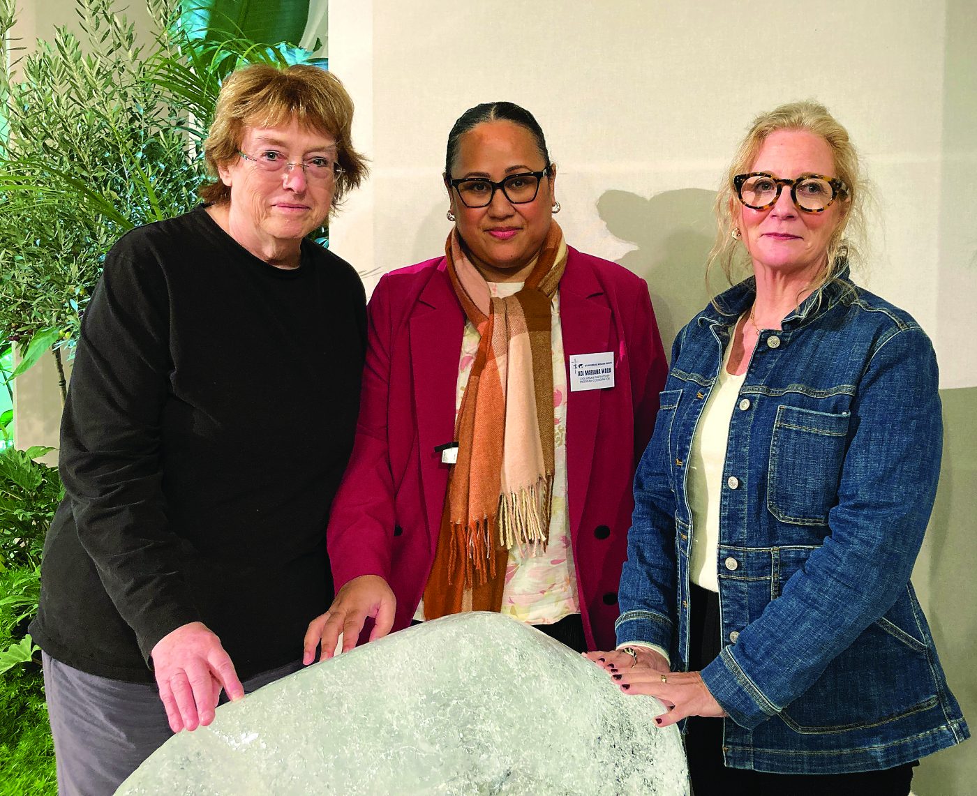 Ellen Teague, Adi Mariana Waqa and Amy Echeverria with the glacier blessed by Pope Leo. Photo: Ellen Teague.