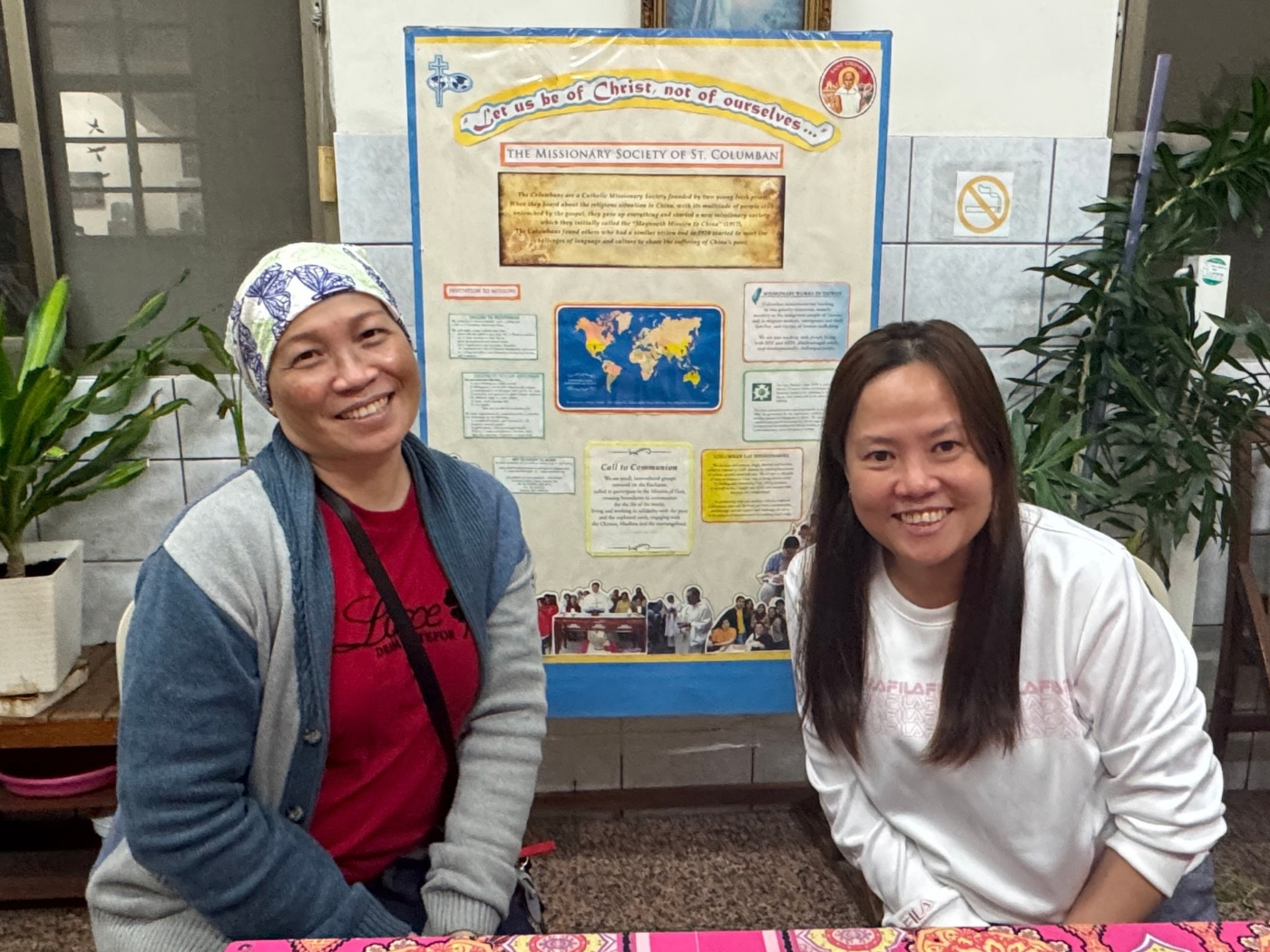 Larne (left) and Lay Missionary Joan Yap smiling together, grateful for the gift of friendship