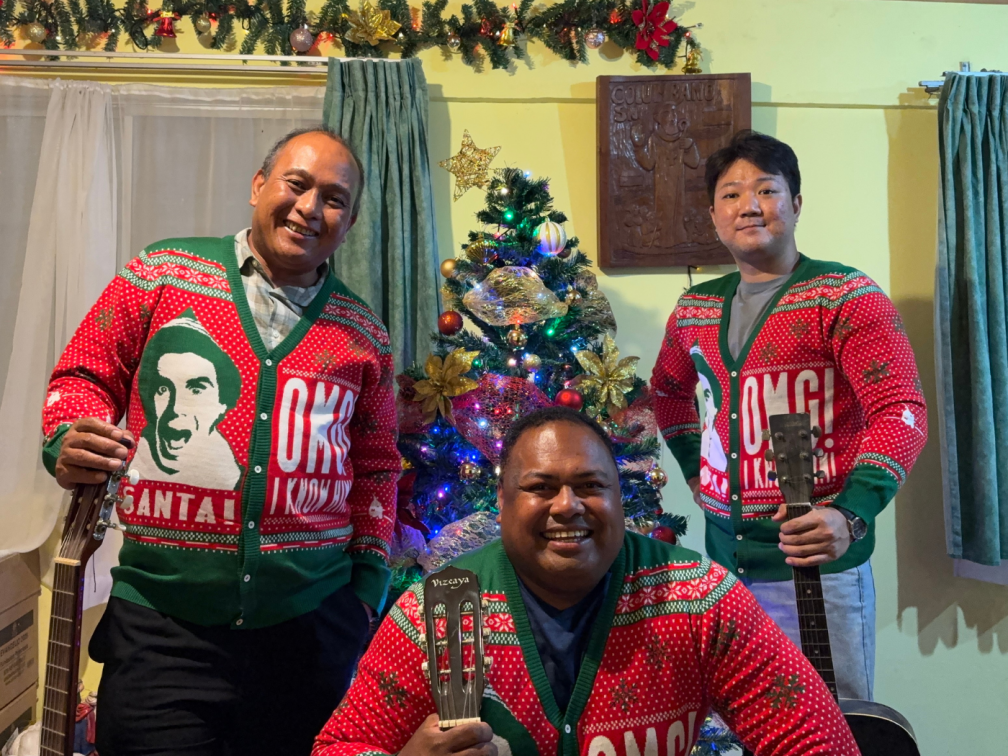 Fr. Darwin Bayaca, Fr. Martin Koroiciri, and Ro Seungjun taking a photo for the 2025 Christmas greetings message