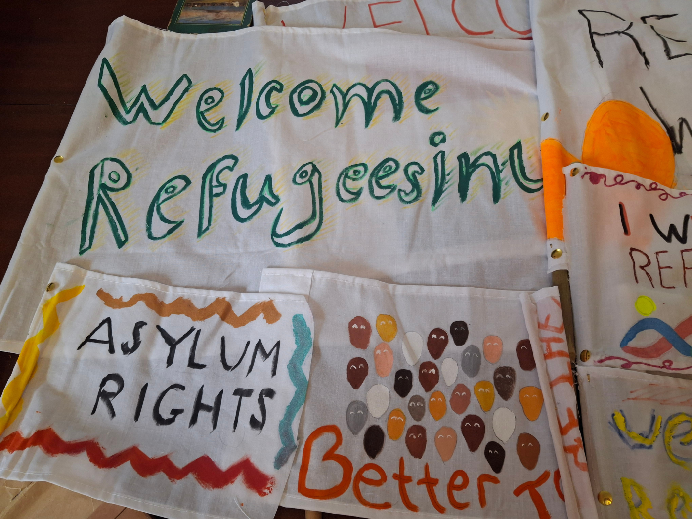 Banners and materials created in the arts session led by Nathalie earlier this week