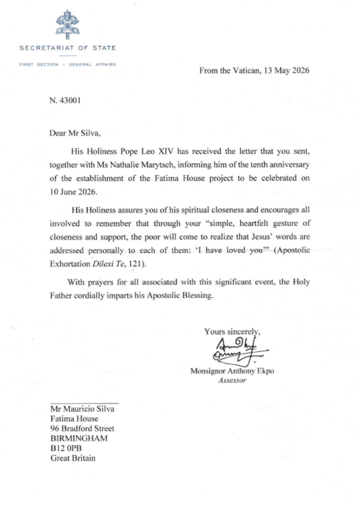Apostolic blessing sent from the Vatican