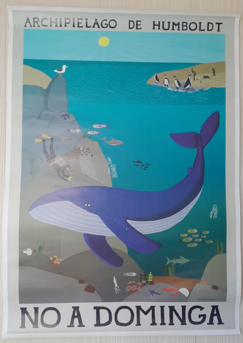 A poster inside the La Mar Diving Agency with the words 'No A Dominga' opposing the Dominga mining-port project, a controversial US$2.5 billion open-pit iron and copper mining initiative planned for La Higuera in Chile’s Coquimbo Region
