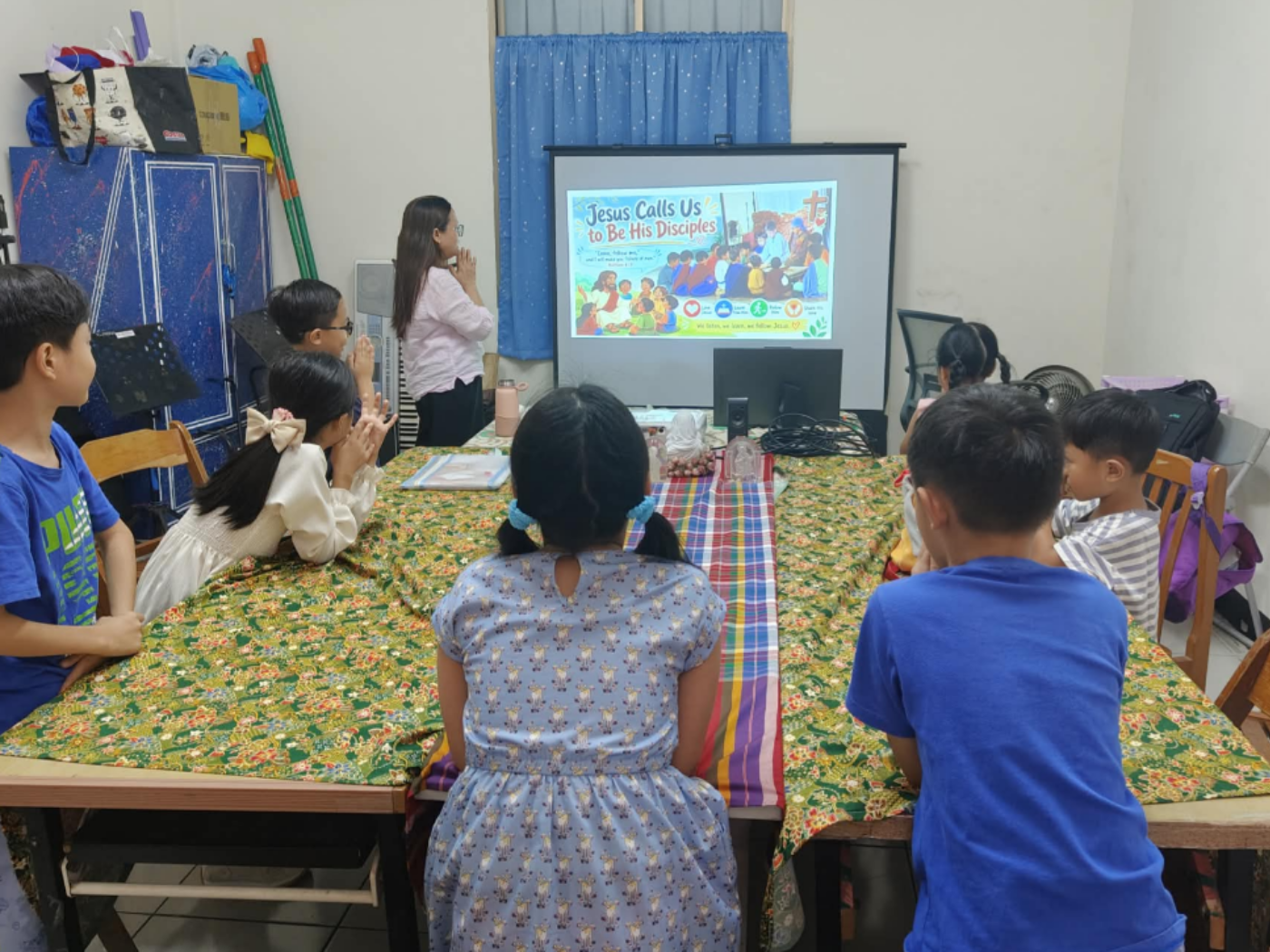 Joan with the children during their catechism class