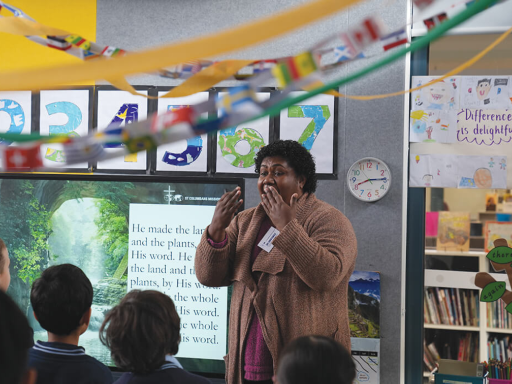 Columban lay missionary Sainiana Tamatawale addresses the students at St. Mark's Primary School