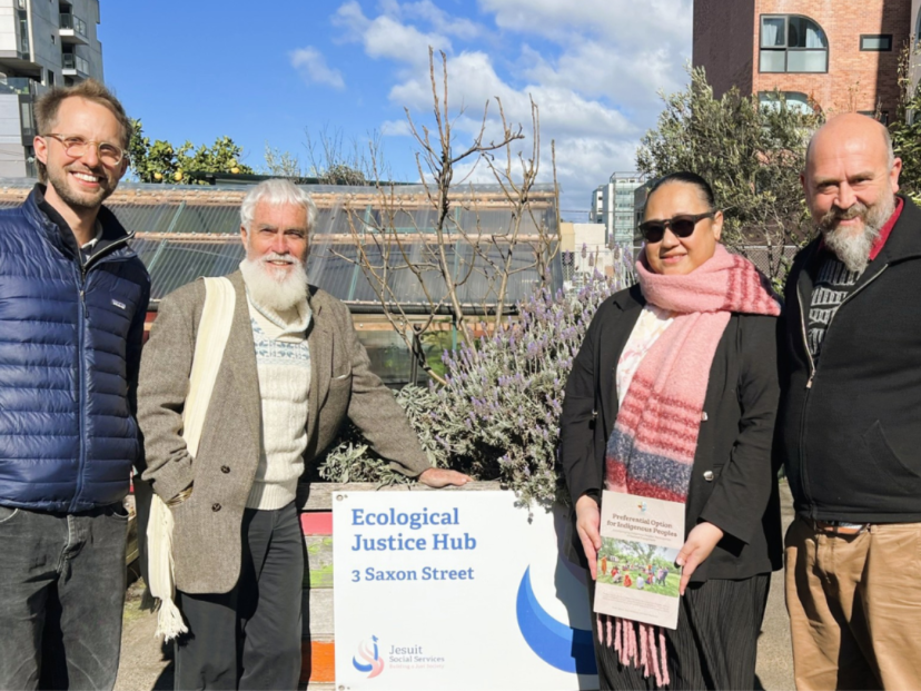 Michael Fendel, Fr. Pedro Walpole SJ (PhD), Columban Regional Partnership Coordinator Mariana Waqa, and Ben Walta in the Eco-Justice Hub community garden in Brunswick, Melbourne, Australia