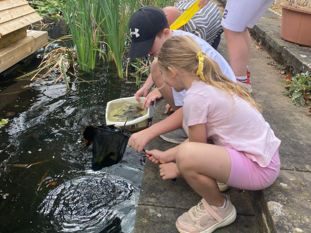 Two young visitors discover the hidden life beneath the water during pond dipping activity